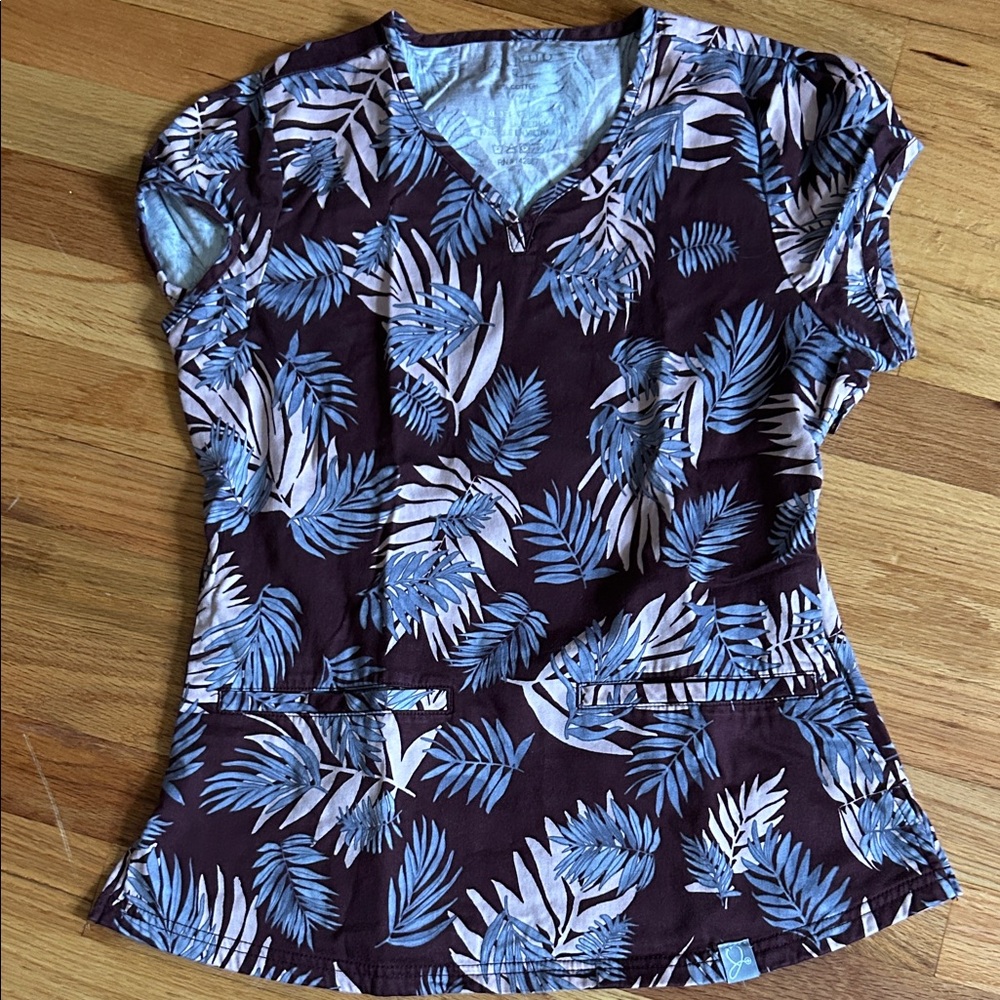 Jaanuu Burgundy Floral Print Women's Scrub Top